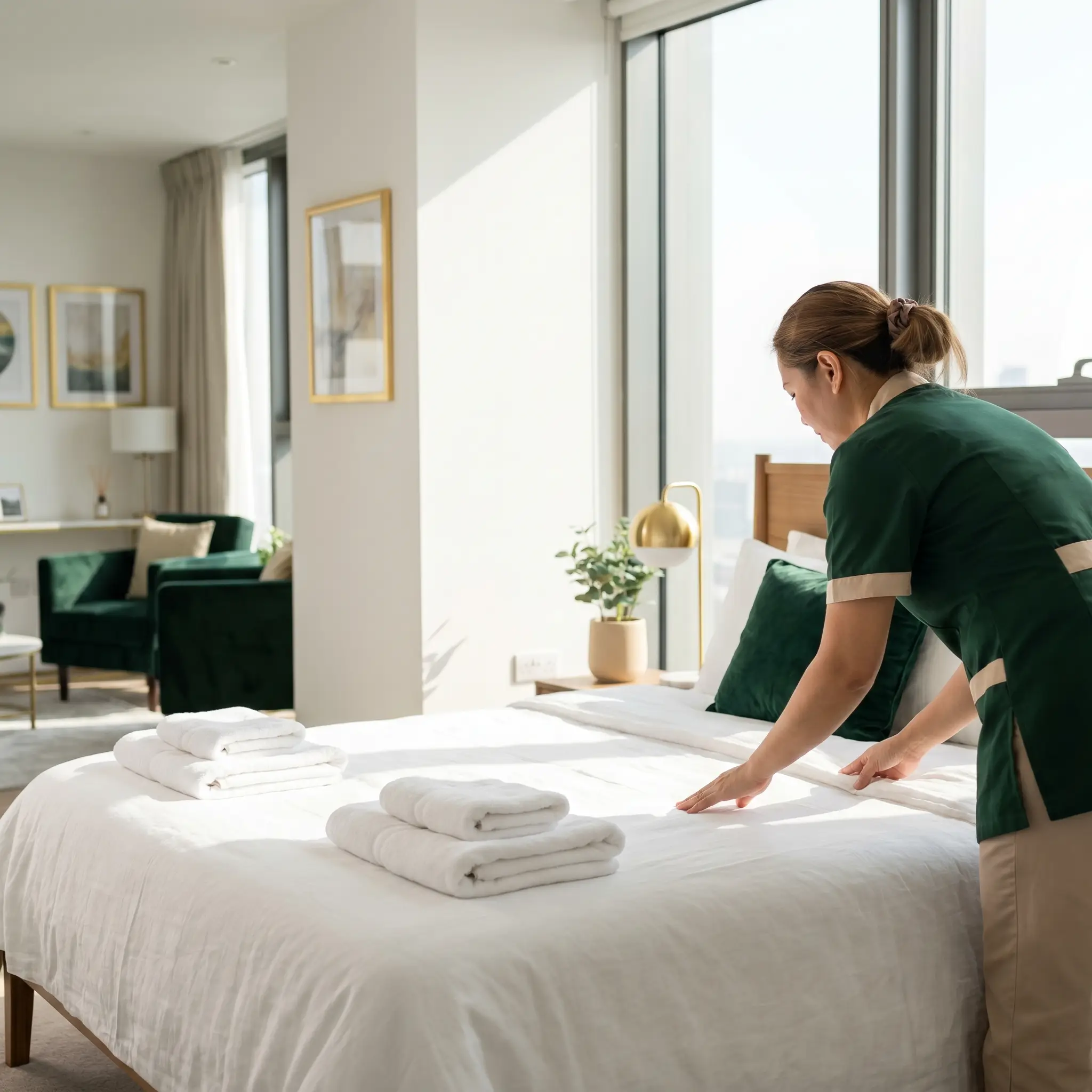 Agent d’entretien seul préparant le linge et la chambre d’une location saisonnière impeccable.